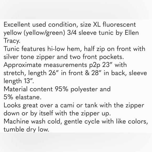 EUC women’s size XL fluorescent yellow 3/4 sleeve tunic by Ellen Tracy - Picture 13 of 13